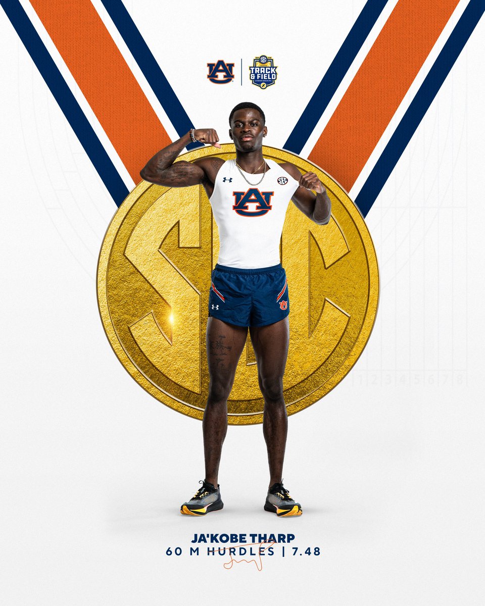 AuburnTFXC's tweet image. SEC CHAMPION 🥇🏆

Ja’Kobe Tharp claims gold in the 60m hurdles breaking his own school record, tying the No. 2 time in nation and takes the facility record 

⏱️7.48

#WarEagle