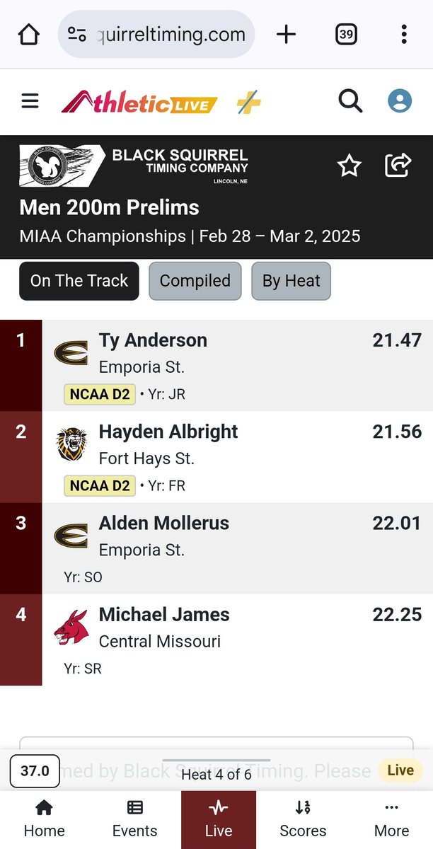 200M Prelims

Hayden - 21.56
Qualified for finals on Sunday!