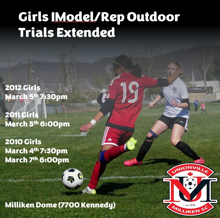 Girls IModel and Rep Outdoor trials (2010-2012 born) have been extended to next week. Pre-register at u-msc.com