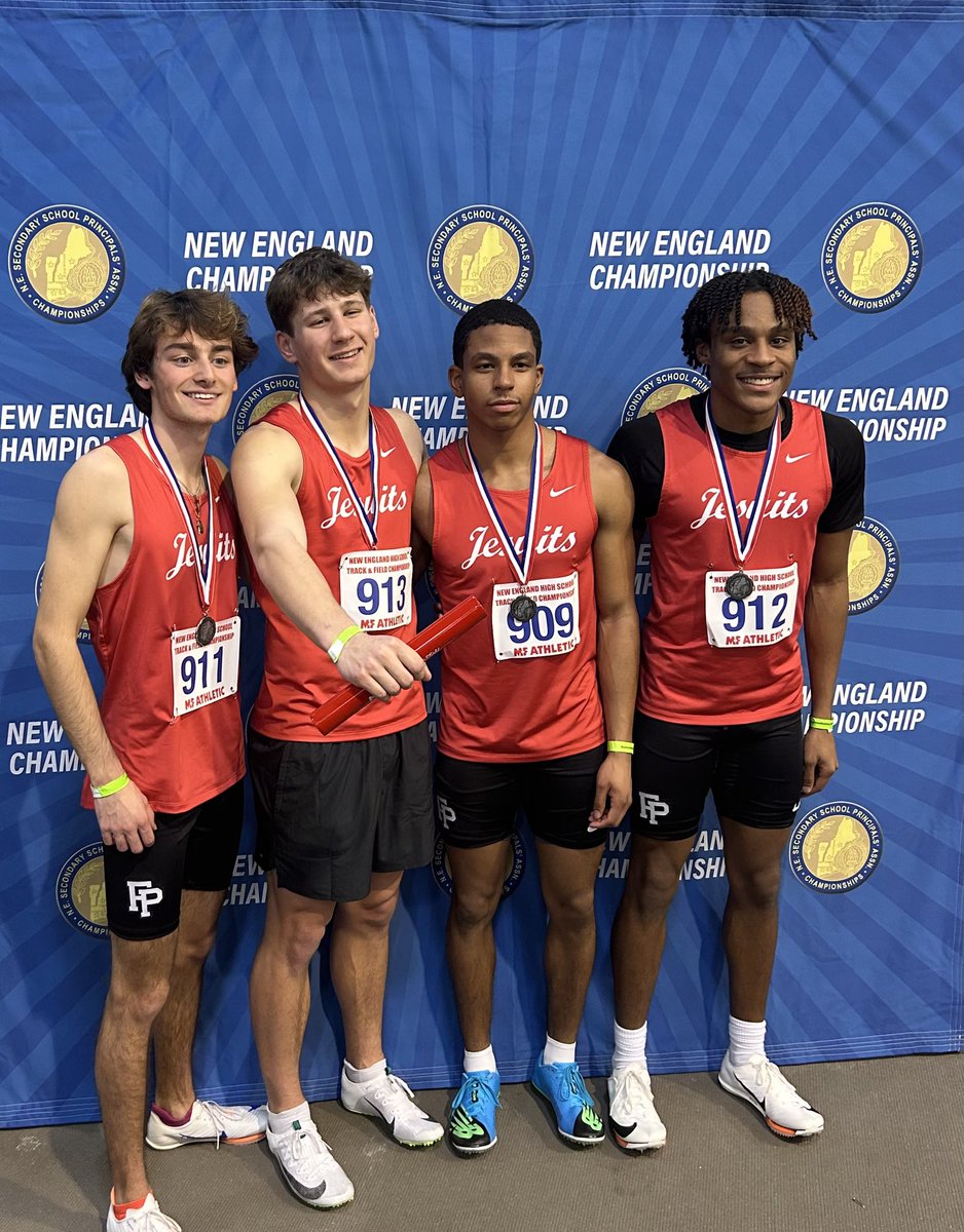 Jackson Pinzon, Theo Rudolph, JJ Langston and Kyler Robinson (L to R) continue their postseason success with a 2nd place finish in the 4x200 in the New England Championships today! #cttrack