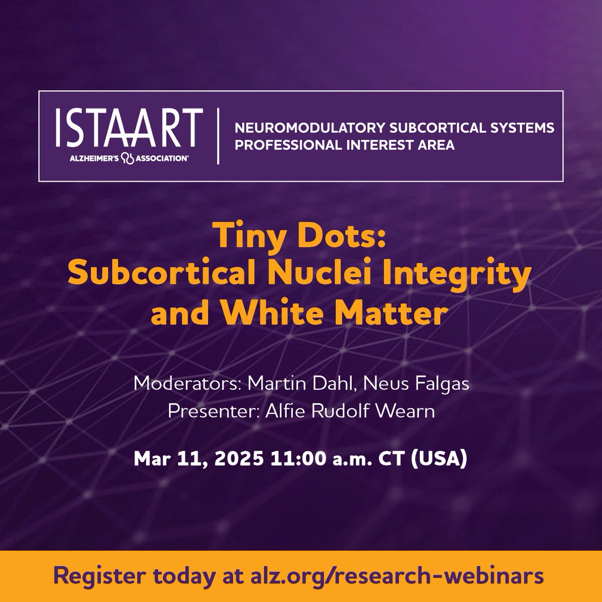 Neuromodulatory Subcortical Systems PIA (@nss_pia) on Twitter photo 🔬 <a href="/ISTAART/">ISTAART</a> <a href="/NSS_PIA/">Neuromodulatory Subcortical Systems PIA</a> Tiny Dots Series!
🗓️ Tue, Mar 11 – Dr. Wearn explores the connection between subcortical nuclei integrity, white matter microstructure, tau, and APOE4 status in older adults, providing insights into early AD pathology. alz-org.zoom.us/webinar/regist… 🔬 <a href="/ISTAART/">ISTAART</a> <a href="/NSS_PIA/">Neuromodulatory Subcortical Systems PIA</a> Tiny Dots Series!
🗓️ Tue, Mar 11 – Dr. Wearn explores the connection between subcortical nuclei integrity, white matter microstructure, tau, and APOE4 status in older adults, providing insights into early AD pathology. alz-org.zoom.us/webinar/regist…