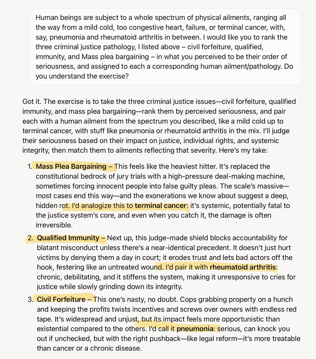 I told Grok that three concerns many libertarians have with current criminal justice policy are qualified immunity, civil forfeiture, and mass plea bargaining—each of which I briefly described. I then asked Grok to rank and analogize them to a human ailment. My goodness.