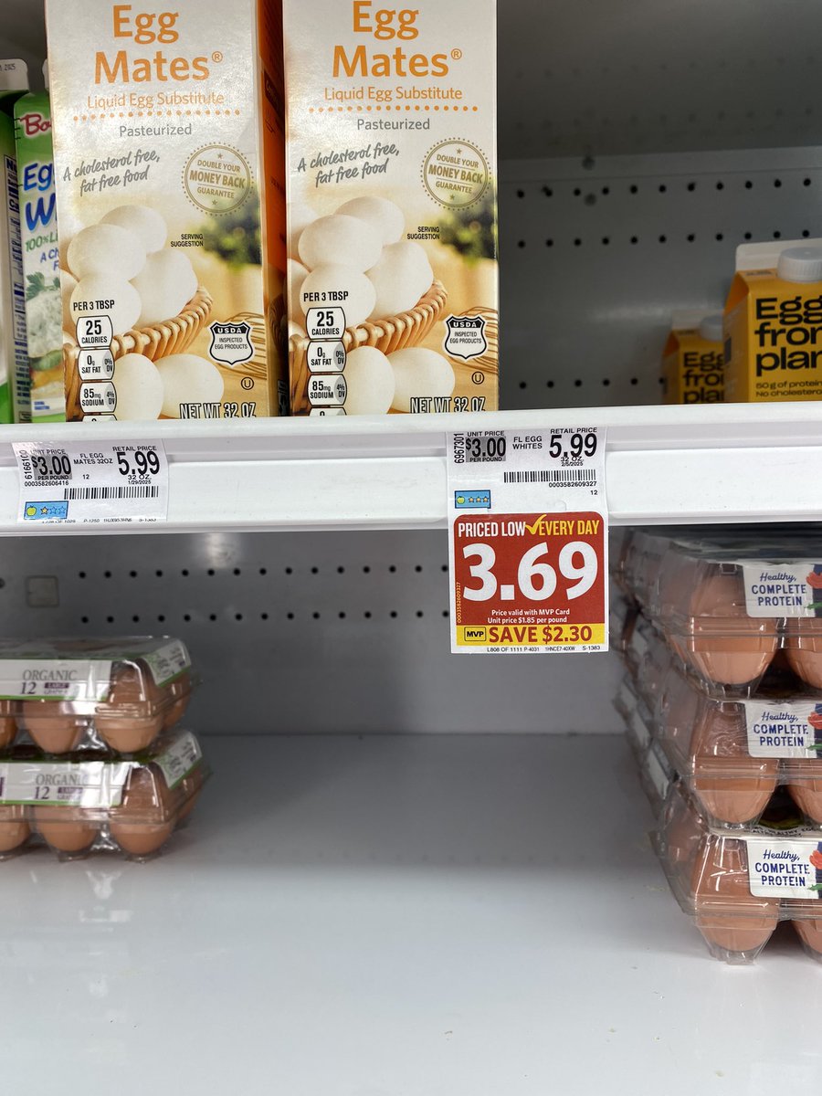 I may not be a real economist, but I do know that with the price of eggs continuing to rise, I wouldn’t have expected a substitute (liquid egg whites) to be on sale. Of course I had to buy the last two.