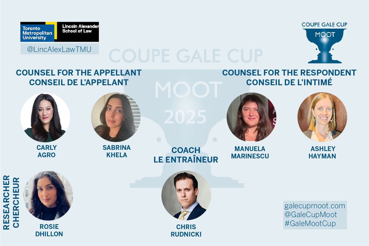 The 4thplace #GaleCupMoot winner is Toronto Metropolitan University, Lincoln Alexander School of Law, Counsel for the Respondent / Conseil de l'intimé – Manuela Marinescu &amp; Ashley Hayman; Coaches / Entraîneurs Chris Rudnicki and Rosie Dhillon - Congratulations.