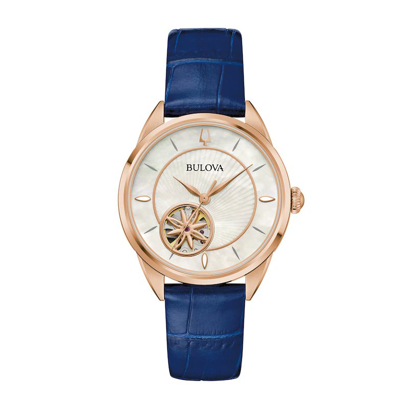 zales_world's tweet photo. Ladies' @Bulova Sutton Rose-Tone IP Blue Leather Strap Automatic Watch with Mother-of-Pearl 
#LoveZales
https://t.co/yc1PMezcsO https://t.co/9BUKM1PJz4