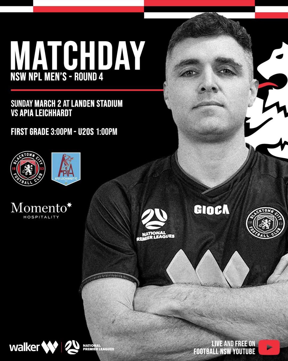 Blacktown City FC (@blacktowncityfc) on Twitter photo ๐โ๐ฆ๐จ๐ง ๐๐ข๐ญ๐ฒ! ๐ช
๐ <a href="/NPLNSW/">NPL New South Wales</a> | Round Four
๐ <a href="/apialeichhardt/">APIA Leichhardt FC</a>
โฐ FG: 3:00PM | U20's: 1:00PM
๐ Landen Stadium
โถ๏ธ Watch Live via the Football NSW YouTube Channel
#YourTownYourTeam ๐โ๐ฆ๐จ๐ง ๐๐ข๐ญ๐ฒ! ๐ช
๐ <a href="/NPLNSW/">NPL New South Wales</a> | Round Four
๐ <a href="/apialeichhardt/">APIA Leichhardt FC</a>
โฐ FG: 3:00PM | U20's: 1:00PM
๐ Landen Stadium
โถ๏ธ Watch Live via the Football NSW YouTube Channel
#YourTownYourTeam