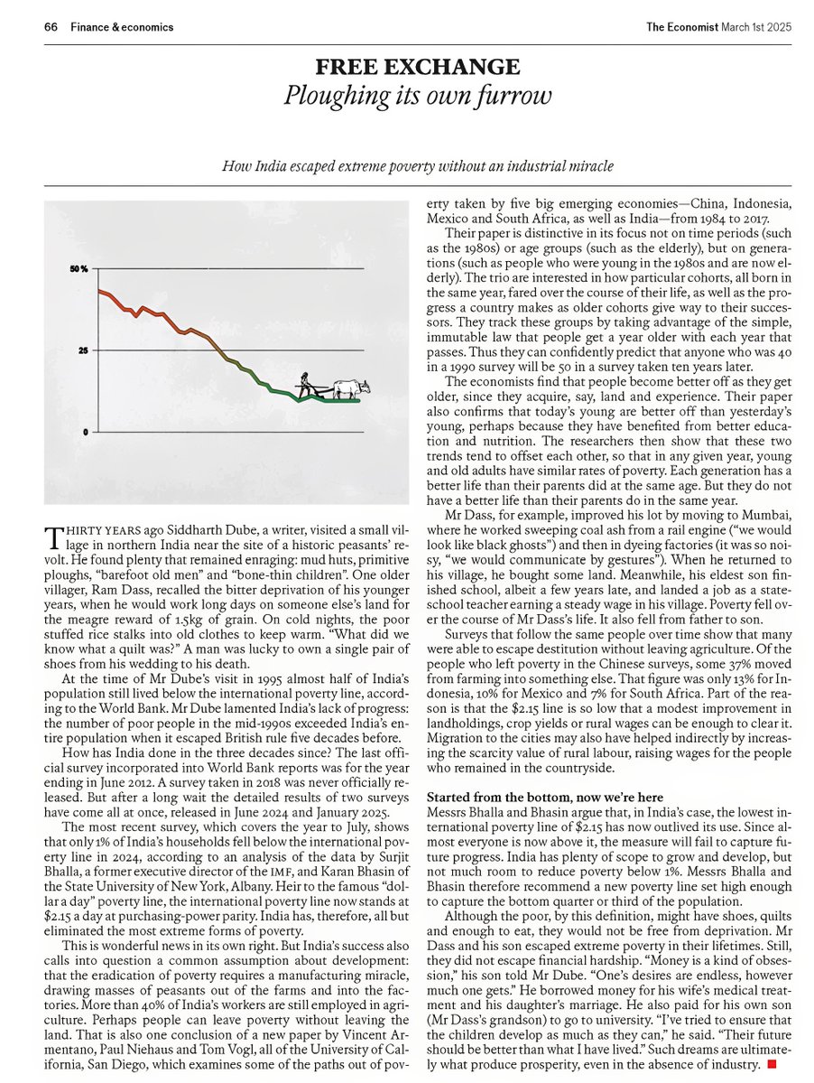DivaJain2's tweet photo. Good to see research by @surjitbhalla and @karanbhasin95 being featured in the Economist. India seems to be the only country that has escaped extreme poverty without Industrialisation. https://t.co/Z3oL12z9uo