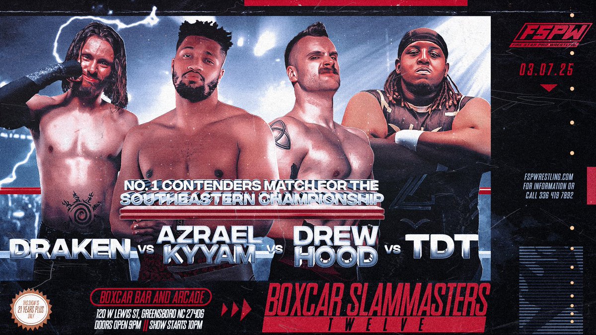BCSM12 Match Announcement! Fatal 4way Match to determine who will face Saint Julious for the vacant Southeastern Championship. Draken vs Azrael Kyyam vs Drew Hood vs TDT! Do not miss this exciting match at Boxcar Bar &amp; Arcade in downtown Greensboro!
🎟️ firestarpro.eventbrite.com