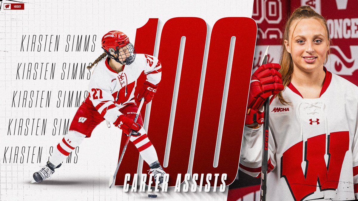 Kirsten Simms posted four points today on a hat trick and an assist on our eighth goal today. That marked her 100th career assist!

Congrats, Simmsy!

#Badgers || #OnWisconsin