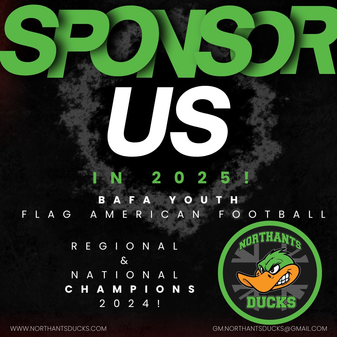 Northants Ducks Flag American Football Team are seeking sponsors from local businesses with a desire to support their community.Bespoke packages to suit all budgets available. If you are interested and would like to find out more, please email me at gm.northantsducks@gmail.com