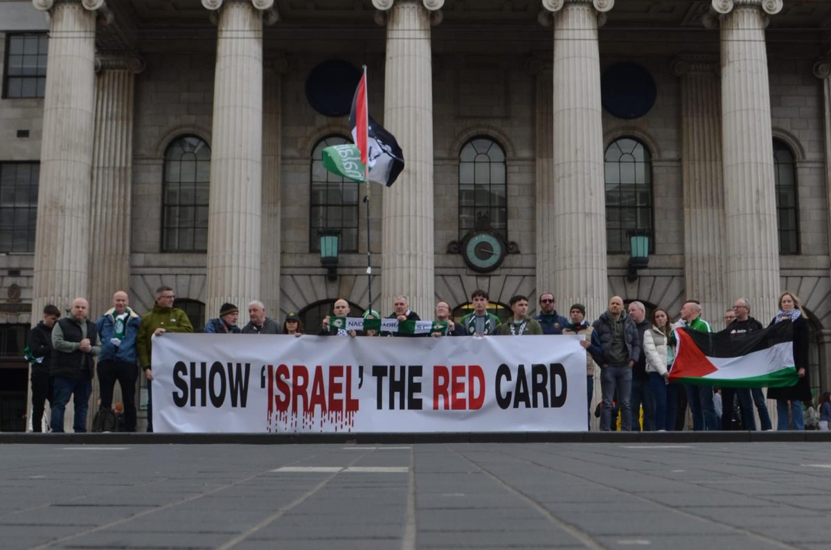 Today outside the GPO a clear message was sent out that we can never normalise oppression, tyranny and persecution. Despite FIFA and UEFA turning a blind eye to the genocide we are witnessing in Palestine, we say  it’s time for world football to “Show Israel the red card” ✊🇮🇪🇵🇸