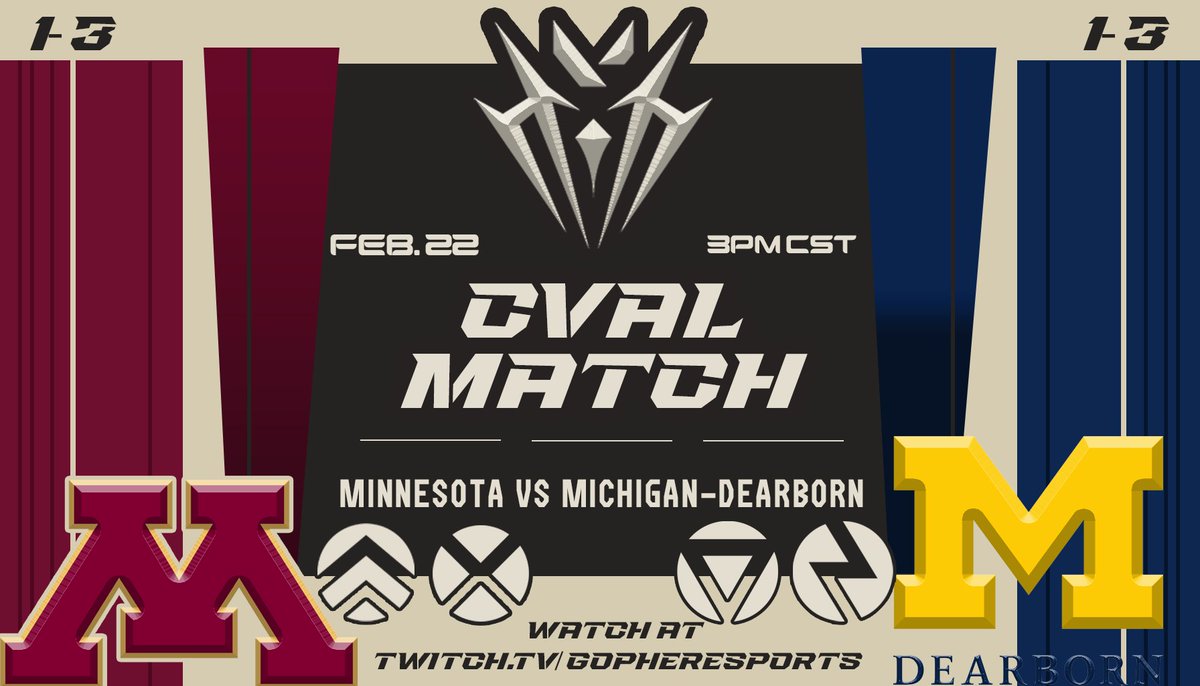🚨 #CVAL NORTH CHAMPION DIVISION MATCH TODAY AT 3PM CST 🚨

🔥 <a href="/GopherEsports/">GopherEsports</a> VS. UNIVERSITY OF MICHIGAN-DEARBORN 🔥

WATCH AT:
📺 twitch.tv/gopheresports

CASTERS:
🎙️ <a href="/ZephyrUMN/">Zephyr</a> 

#Valorant #GopGophers #SkiUMah