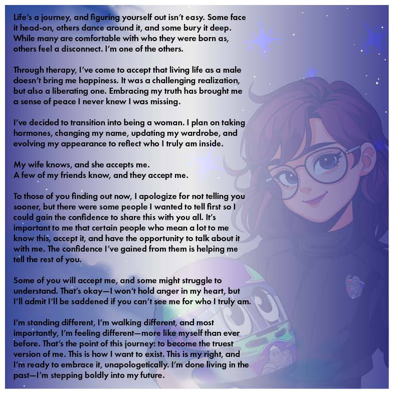heyserenapaige's tweet photo. I've been doing a lot of introspection, and thanks to therapy I've learned a few things about myself. And there's going to be a few changes around here, like my name, and my gender. #trans #transgender #anewme #therapy #dealwithit https://t.co/K2zKCGmGZ7