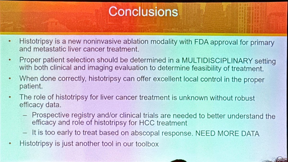 Dr. Nina Niu Sanford (@niusanford) on Twitter photo Histotrispy in HCC: new technology is exciting, but the data for histo just isn’t there (yet).
Published studies mostly demonstrate technical feasibility, but long term clinical outcomes lacking, in addition to comparative data w other local modalities.
👍 talk <a href="/HCCLIVEConf/">HCC-LIVE Conference</a> Histotrispy in HCC: new technology is exciting, but the data for histo just isn’t there (yet).
Published studies mostly demonstrate technical feasibility, but long term clinical outcomes lacking, in addition to comparative data w other local modalities.
👍 talk <a href="/HCCLIVEConf/">HCC-LIVE Conference</a>