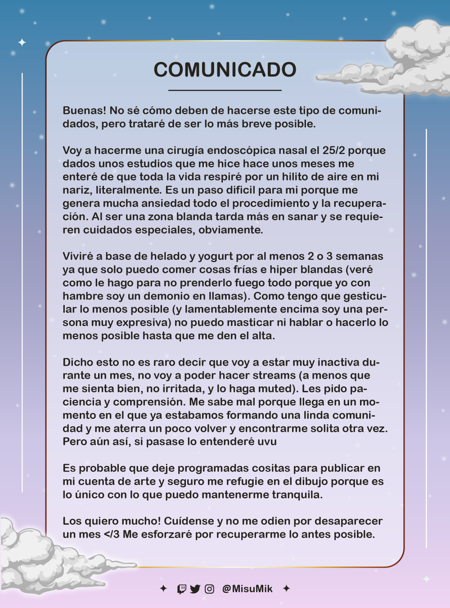 Bueno, paso a dejar el comunicado. Cuídense mucho en mi ausencia, los quiero mucho 🫂 Trataré de recuperarme lo antes posible❤️‍🩹