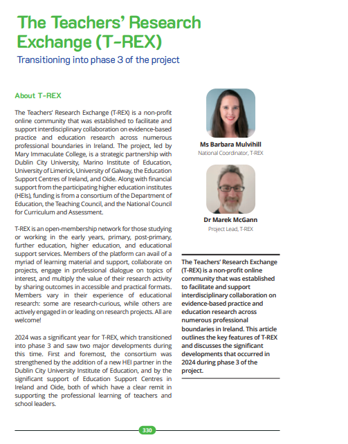 Barbara Mulvihill (@barbaramulv) on Twitter photo New Publication!
Pleased to see my article with Dr. Marek McGann in this year's <a href="/edmatters/">Education Matters</a>!
We discuss Phase 3 of the T-REX Project and how we support teachers' engagement in and with educational research. shorturl.at/uybqJ
<a href="/MICEducationFac/">Faculty of Education, Mary Immaculate College.</a> New Publication!
Pleased to see my article with Dr. Marek McGann in this year's <a href="/edmatters/">Education Matters</a>!
We discuss Phase 3 of the T-REX Project and how we support teachers' engagement in and with educational research. shorturl.at/uybqJ
<a href="/MICEducationFac/">Faculty of Education, Mary Immaculate College.</a>