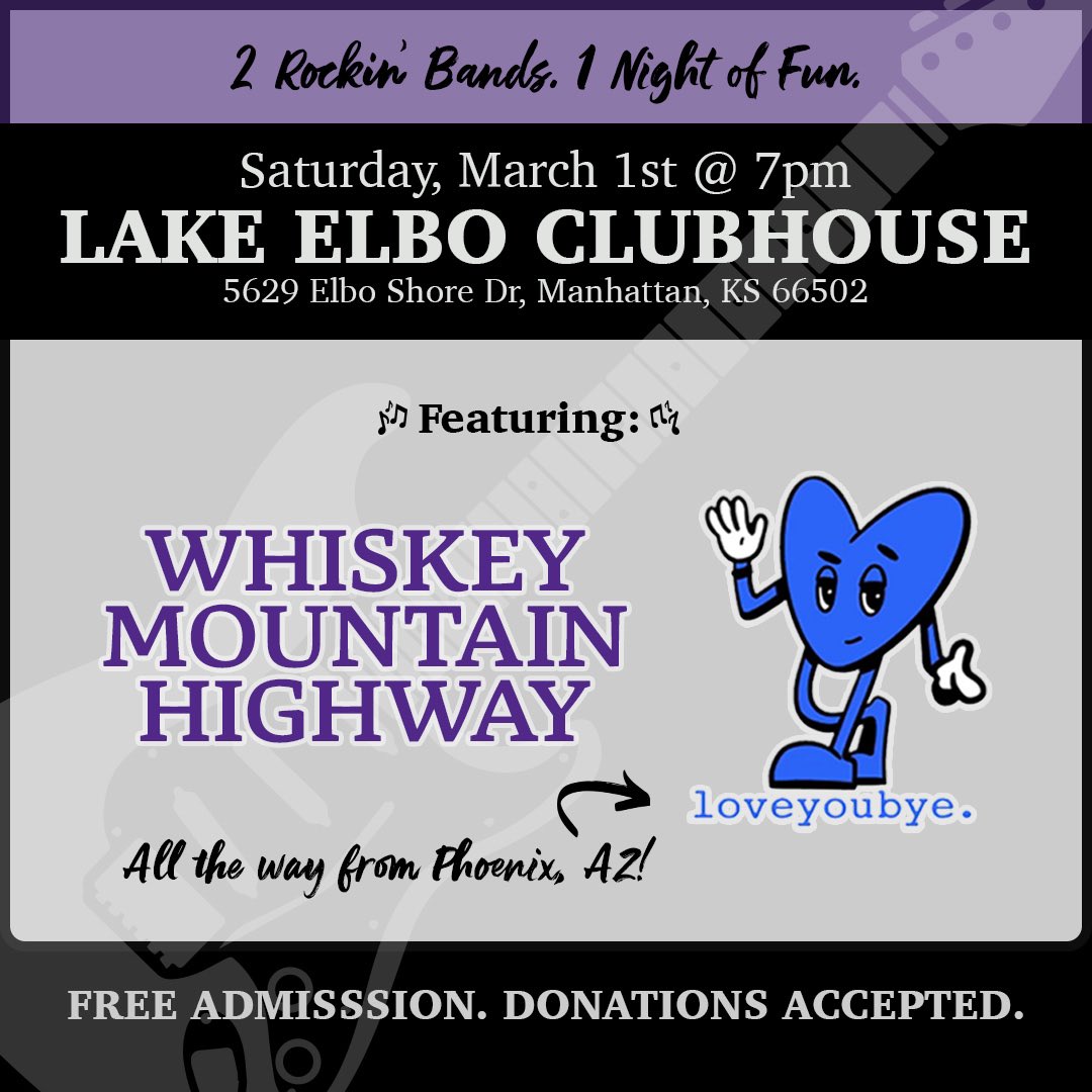 We're burnin' it down in Kansas next Saturday (3/1)! 🎸 

Come catch us with our friends loveyoubye, JT Sheets Band, and more.