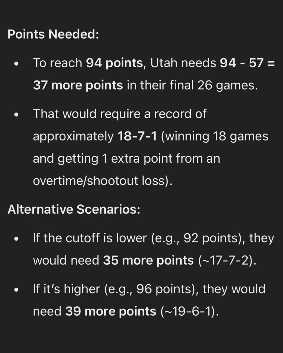 wolfeynhlutah's tweet photo. We’ve got a tough road ahead of us if we want to make a legitimate push for the playoffs! Not impossible, but good to set expectations.🏒

#nhlutah #utahhockeyclub #nhl #utahhockey #hockeynews #nhlnews #logancooley #dylanguenther #claytonkeller https://t.co/z0W1w98eCC