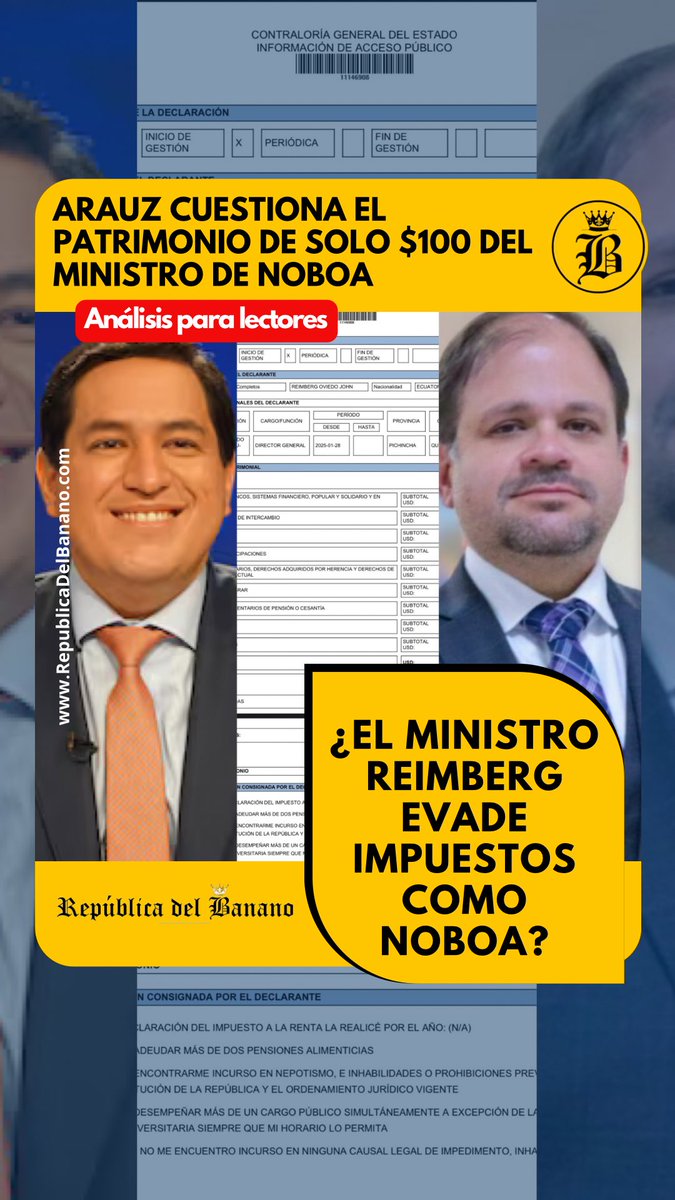 🇪🇨<a href="/ecuarauz/">Andrés Arauz</a> cuestiona declaración patrimonial del nuevo ministro del Interior y advierte sobre "falsos positivos”

👉🏽 republicadelbanano.com/2025/02/22/and…

¿Y tú qué opinas sobre las autoridades que evaden impuestos, quieren que pagues impuestos y nos gobiernan?
