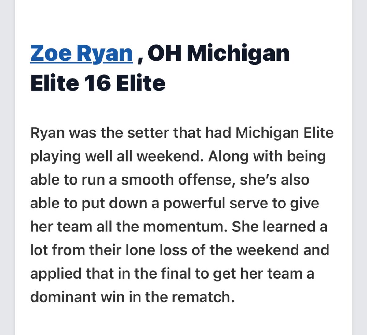 Zoe Ryan (@zoe_ryan16) on Twitter photo Thank you <a href="/PrepDigMI/">Prep Dig Michigan</a> for the mention from North Coast Cup!! Couldn't do it without my team, more to come at Sunshine Qualifier in Orlando next Weekend!! ☀️📆 Thank you <a href="/PrepDigMI/">Prep Dig Michigan</a> for the mention from North Coast Cup!! Couldn't do it without my team, more to come at Sunshine Qualifier in Orlando next Weekend!! ☀️📆