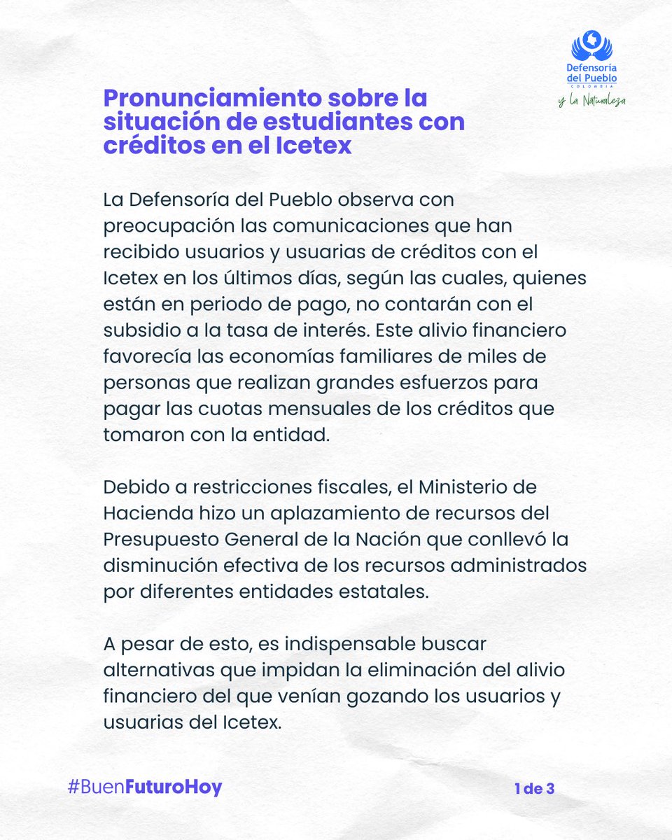 DefensoriaCol's tweet photo. La situación de los y las estudiantes con créditos del @ICETEX requiere un esfuerzo para evitar que el cambio en las condiciones de pago ponga en riesgo la estabilidad financiera y los derechos sociales de miles de familias colombianas.

Hacemos un llamado para encontrar soluciones a esta situación. 👇🏽