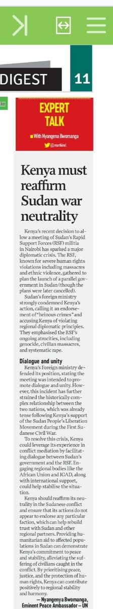 bwomanga's tweet photo. I have added my voice on the ongoing conflict in Sudan and Kenya's response. In the article published by the People Daily, I emphasize that Kenya should reaffirm its neutrality in the Sudanese conflict to rebuild trust with Sudan and regional partners.  https://t.co/419qLsCu5B https://t.co/CGcaAdMMYc