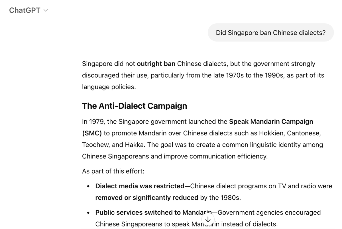 Aaaaaaaaah_nice's tweet photo. By the way, I think I know why generative AI doesn't agree multilingual Singapore is monoglossic, or put differently, the LLM doesn't agree SG gov/policy was/is monoglossic because it is ignorant of certain aspects of SG history.

https://t.co/LGL6ptGnTe.

https://t.co/n94MDRC9ut https://t.co/9RYQFrdVNr
