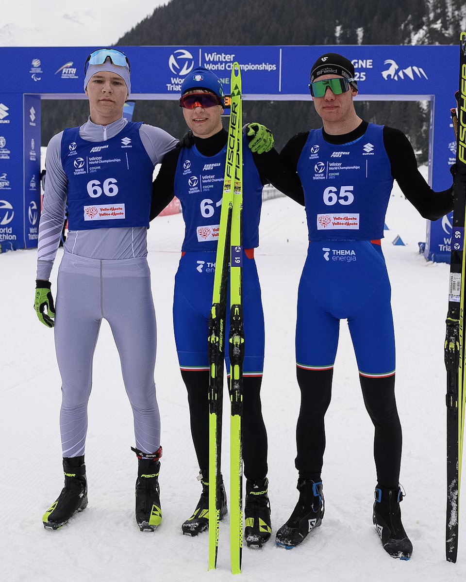 worldtriathlon's tweet photo. All the feels 🙌

Your top 3️⃣ Juniors in the 2025 World Triathlon Winter Championships 👇

Junior female 
🥇Alina Liagaeva (AIN)
🥈Alice Ventre 🇮🇹
🥉Ludovica Sabbia 🇮🇹

Junior male 
🥇Jacopo Fanton 🇮🇹
🥈Savelii Anisimov (AIN)
🥉Nicholas Bellemmo 🇮🇹

#WinterTri #WinterChamps https://t.co/MCo2a4MOwB