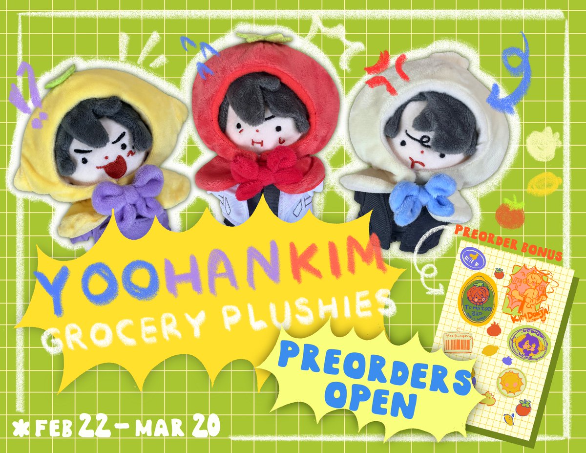 wintrchu's tweet photo. [RTs 💜] 
🍋🍅🥟Preorders now LIVE!🍋🍅🥟
YooHanKim Grocery Plushies! 
   - 15 cm with removable clothes
   - Sticker Sheet preorder bonus
PO: Feb 22 1:00PM EST ~ Mar 20th 11:59PM EST
🔗https://t.co/fwJ4h9t9Ys https://t.co/hl2dmTZwl9