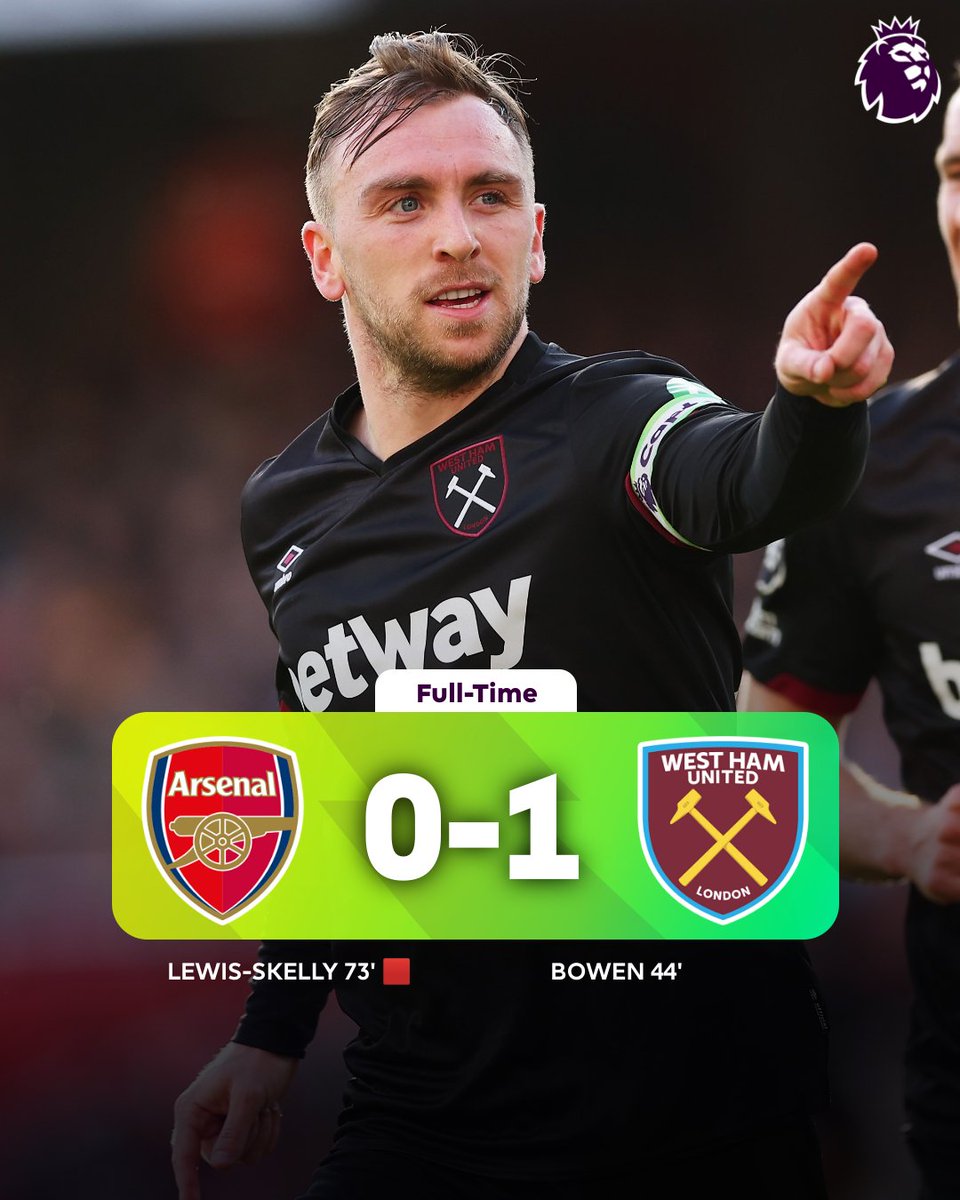 Premier League (@premierleague) on Twitter photo Jarrod Bowen and <a href="/WestHam/">West Ham United</a> end Arsenal's 15-match unbeaten run ⚒️
#ARSWHU Jarrod Bowen and <a href="/WestHam/">West Ham United</a> end Arsenal's 15-match unbeaten run ⚒️
#ARSWHU