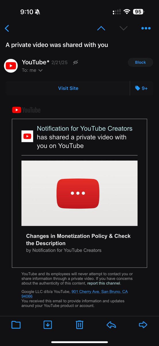 PSA: Don’t fall for this garbage scam that claims to be from YouTube and asks you click a link in the description to keep your monetization.