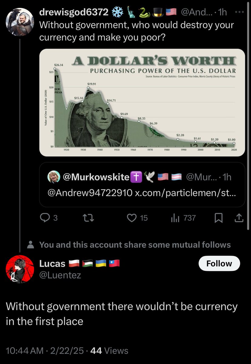 Both of these claims are wrong the average American has a way better standard of living compared to people in 1913 while currencies have existed before governments have existed.