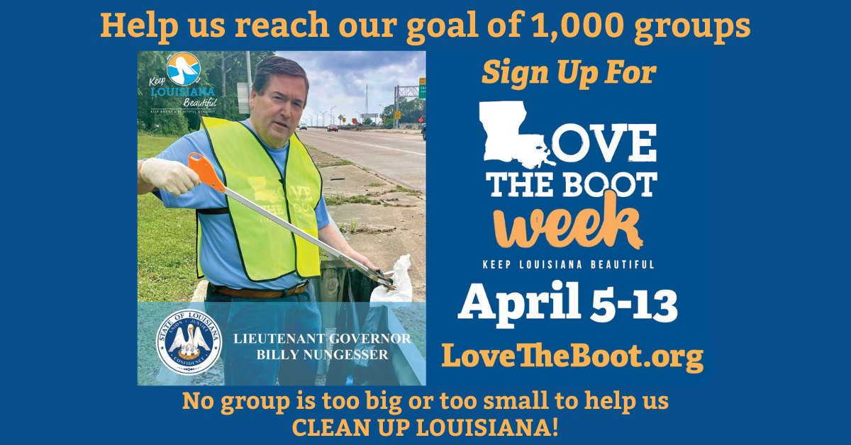 🙌 We need your help to make Love the Boot Week this year even bigger than before! Sign up to volunteer and be part of the change. Together, we can create a cleaner, greener Louisiana for everyone to enjoy! bit.ly/3JO4G5T

<a href="/KeepLABeautiful/">Keep Louisiana Beautiful</a>