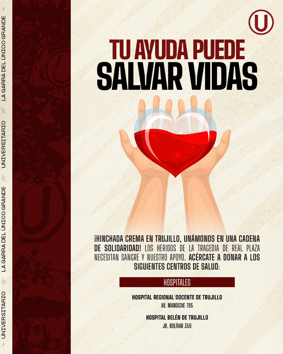 𝗧𝗥𝗨𝗝𝗜𝗟𝗟𝗢 𝗡𝗘𝗖𝗘𝗦𝗜𝗧𝗔 𝗡𝗨𝗘𝗦𝗧𝗥𝗔 𝗔𝗬𝗨𝗗𝗔 🤝

Hinchada crema, apoyemos a los heridos de la tragedia de Real Plaza y participemos de esta cadena de donación de sangre.

¡Donemos y salvemos vidas! 💛