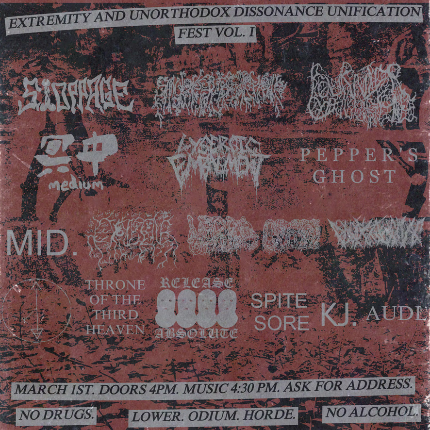 AODL, Live Material Action Upcoming! Riverton, Utah. 1 Mar 2025.
Part of EXTREMITY AND UNORTHODOX DISSONANCE UNIFICATION FEST vol I.
Doors 4pm, Music 4:30pm, message for location.

(Here labeled as "AUDL" because this beast is AULD as he slouches towards bethlehem steel)