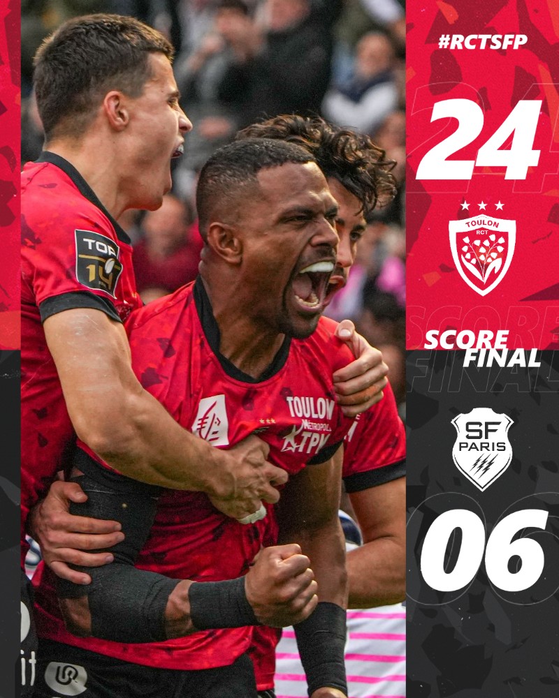 [⏱80'] 24-6
𝐕𝐈𝐂𝐓𝐎𝐎𝐎𝐈𝐈𝐑𝐄𝐄 🖐️

Nouveau match à Mayol, nouvelle victoire et nouveau bonus offensif à la maison 😍❤️🖤

#ParceQueToulon #RCTSFP