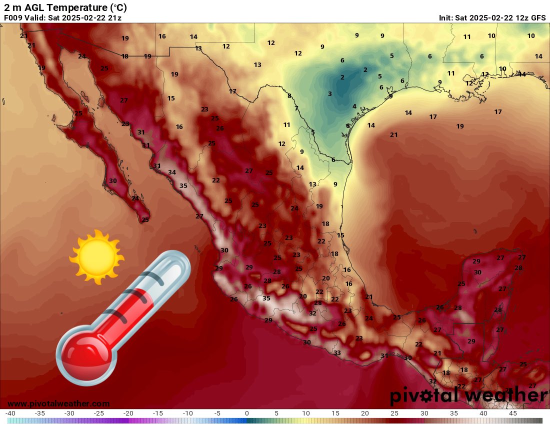 InfoMeteoro's tweet photo. ✅PRONÓSTICO SÁBADO 22/feb/2025

-Aire ártico disipándose
-Nieblas y lluvias fuertes
-Calor en estados del Pacífico 

⛈️LLUVIAS y TORMENTAS
-Mich, Gto, Qro, Hgo, Tamps, Gro, Mor, EdoMex, CDMX, Pue, Tlax, Ver, Oax, Tab, Chis, Camp, QRoo

🌡️AMBIENTE DIURNO☀️
🥶Frío 5-10ºC noreste
🥶Frío-fresco 10-20ºC Vertiente del Golfo
😌Templado 20-26ºC Altiplano
🥵Caluroso 30-40ºC Pacífico, sureste; resalta desde Sinaloa a Tierra Caliente

🌡️ AMBIENTE NOCTURNO🌙
🥶Gélido -10 a 0ºC Noreste y Sierra M Occidental
🥶Frío/fresco 0 a 10ºC Altiplano, norte y montañas
😌Fresco/templado 15-24ºC estados costeros