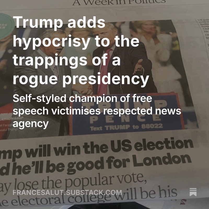 Colin Randall (@salutsunderland) on Twitter photo The petulant Trump assault on the free press is, of course, despicable. We can’t stop him sucking up to his kindred spirit in the Kremlin. But Associated Press <a href="/AP/">The Associated Press</a> must not bow to the White House bully francesalut.substack.com/p/trump-adds-h… <a href="/francesalut/">Colin Randall</a> The petulant Trump assault on the free press is, of course, despicable. We can’t stop him sucking up to his kindred spirit in the Kremlin. But Associated Press <a href="/AP/">The Associated Press</a> must not bow to the White House bully francesalut.substack.com/p/trump-adds-h… <a href="/francesalut/">Colin Randall</a>