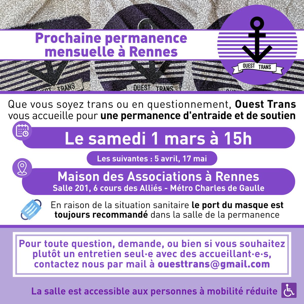 🟣🏳️‍⚧️ PROCHAINE PERMANENCE
RDV à Rennes, le 1 mars prochain, pour un moment entre personnes trans et en questionnement