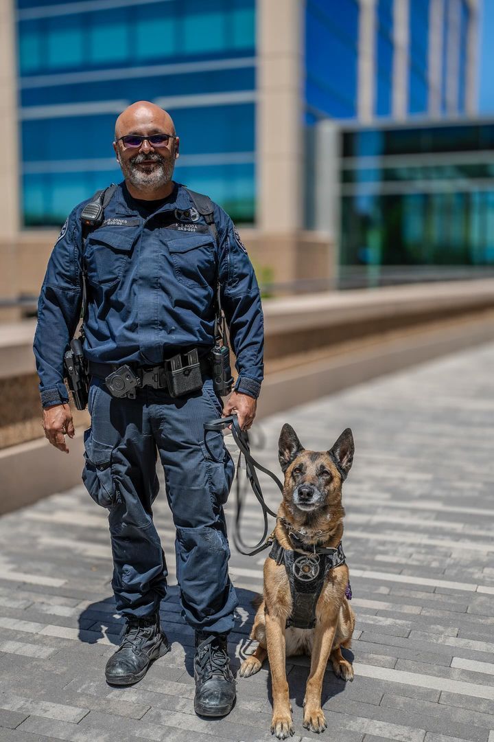 DenverSheriff's tweet image. K9 Koda and her handler stopped working for a few to smile for the camera. Great photo from Dave Talbot with Charles Schwab! Happy #SaturdaySparkOfJoy! #DSDEst1902 #WorkingDogsOfTwitter