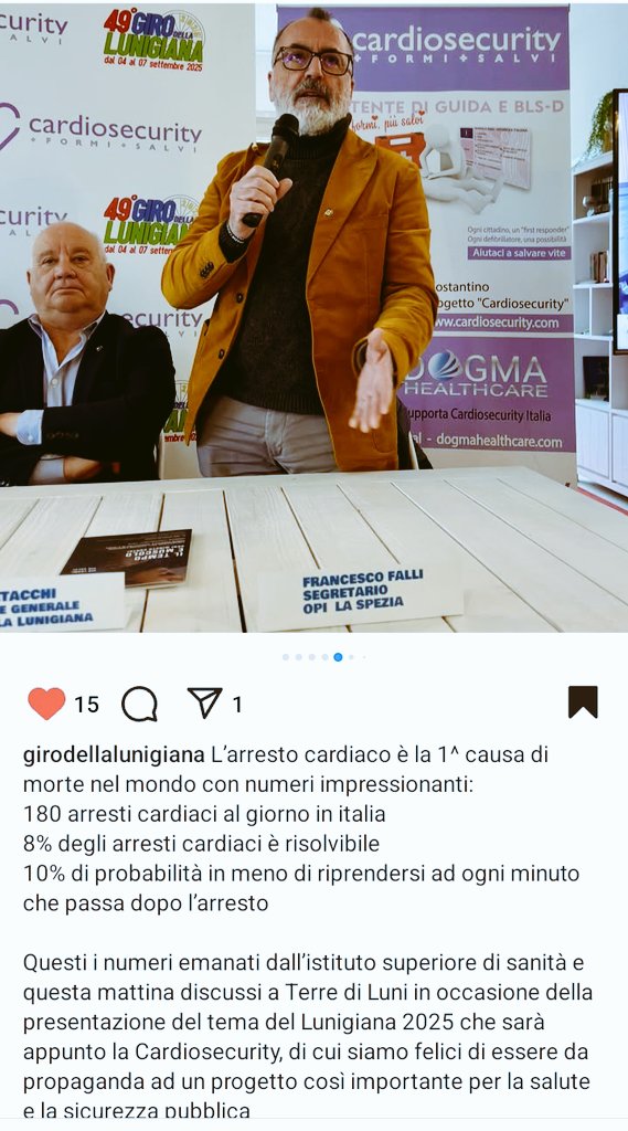 Oggi presentazione del progetto " Cardio Security" teso alla massima diffusione delle manovre di #rianimazione fra i cittadini. 
Sarà il 49esimo Giro della Lunigiana a ospitare questa proposta di legge ( abbinare BLSD a rilascio patente di guida).
<a href="/RegLiguria/">Regione Liguria</a> <a href="/FNInfermieri/">FNOPI.IT</a>