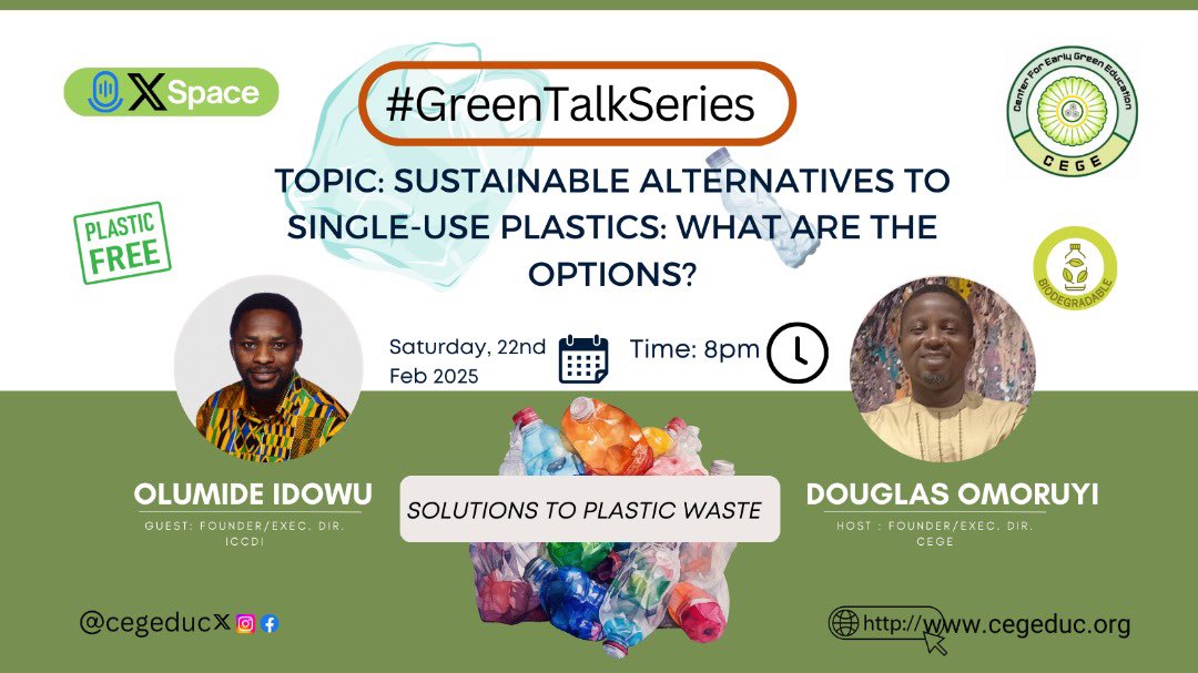 OlumideIDOWU's tweet photo. I’m happy to invite you to join me & @CEGEDUC today at 8 PM for the #GreenTalkSeries, where I’ll be discussing a topic that’s vital for our future: sustainable alternatives to single-use plastics. 🌱 

As we all know, plastic pollution is a pressing issue, and it’s essential for us to explore viable options to reduce our reliance on these materials. During our chat, I’ll share insights on various alternatives and how we can implement them in our daily lives. 

via https://t.co/pQZW2eMVp7

#EcoConscious #PlasticAlternatives