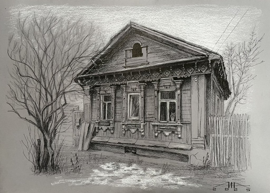 Margarita190971's tweet photo. My next work for the series "Wooden architecture of Noginsk". Paper, gel pen, pastel pencils. Size: 30x40cm. #woodencraft #woodenhouse #art #rustichouse #painting  #graphics https://t.co/DK6xz2SdMp