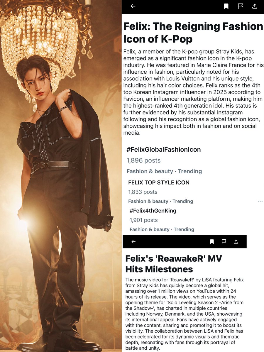 FELIXCharts's tweet photo. 📈 TRENDS | 250223

#FELIX’s trending via multiple X/Twitter topics &amp; keywords following his new achievements in fashion &amp; music:

• Felix: The Reigning Fashion Icon of K-pop

• Felix’s ReawakeR M/V Hits Milestones

FELIX TOP STYLE ICON 
#FelixGlobalFashionIcon #Felix4thGenKing https://t.co/naufzrVNSV