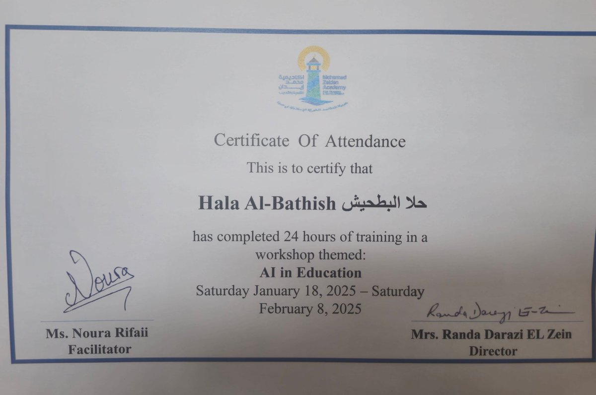 Hala Al-Bathish (@halabathish) on Twitter photo Pleased to announce successfully passing the exam after completing a 24-hour training on "AI in Education." It was an insightful experience that deepened my knowledge in this field. #AI #Microsoft
<a href="/Hhhsinfo/">Houssam Hariri HS</a> <a href="/dina_jradi/">Dina Jradi</a> <a href="/asmaa_bbg/">Asmaa Al Bernawi</a> <a href="/mahaperla/">Maha Shebly</a> <a href="/youssefsaad1996/">youssef saad (يوسُف)</a> <a href="/ea_rania/">Rania El Abbassi</a> <a href="/DidiSaleh10/">Diana Saleh</a> Pleased to announce successfully passing the exam after completing a 24-hour training on "AI in Education." It was an insightful experience that deepened my knowledge in this field. #AI #Microsoft
<a href="/Hhhsinfo/">Houssam Hariri HS</a> <a href="/dina_jradi/">Dina Jradi</a> <a href="/asmaa_bbg/">Asmaa Al Bernawi</a> <a href="/mahaperla/">Maha Shebly</a> <a href="/youssefsaad1996/">youssef saad (يوسُف)</a> <a href="/ea_rania/">Rania El Abbassi</a> <a href="/DidiSaleh10/">Diana Saleh</a>