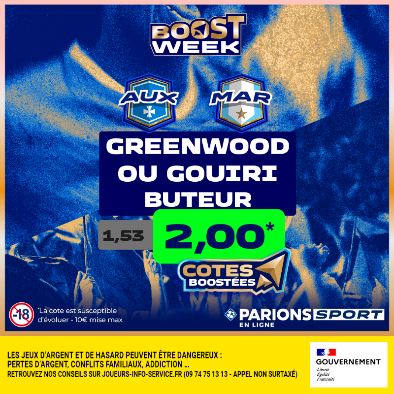 ParionsSport's tweet photo. 🚨 ALERTE #BOOSTWEEK ! 

Vous avez voté : pour ce match Auxerre vs OM, c'est la cote boostée "Greenwood ou Gouiri buteur(s)" qui l'emporte ! 
Qui suit ?