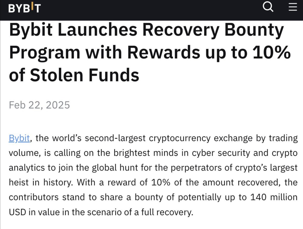 crypto_detente's tweet image. 🔥 Bybit dévoile un Recovery Bounty Program offrant 140 millions de dollars de récompense pour retrouver les responsables du plus grand vol de cryptomonnaie jamais enregistré.

#Bybit #Crypto #BountyProgram