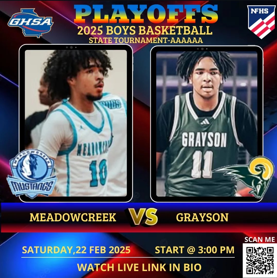 GAME DAY
🚨 Hs Boys Basketball Playoffs🚨
🏀  Meadowcreek 🆚 Grayson
🎥 livesports.insidethegames.live/hsb.php
🗓 Saturday, 22 Feb 2025
⏰ 3:00 PM
<a href="/GraysonHSSports/">Grayson HS Athletics</a> <a href="/graysonhoops/">Grayson Basketball</a> <a href="/Meadowcreek_BB/">Mustang Hoops</a> <a href="/MustangAthletes/">Meadowcreek Athletes</a> <a href="/MeadowcreekHigh/">Meadowcreek High School</a>