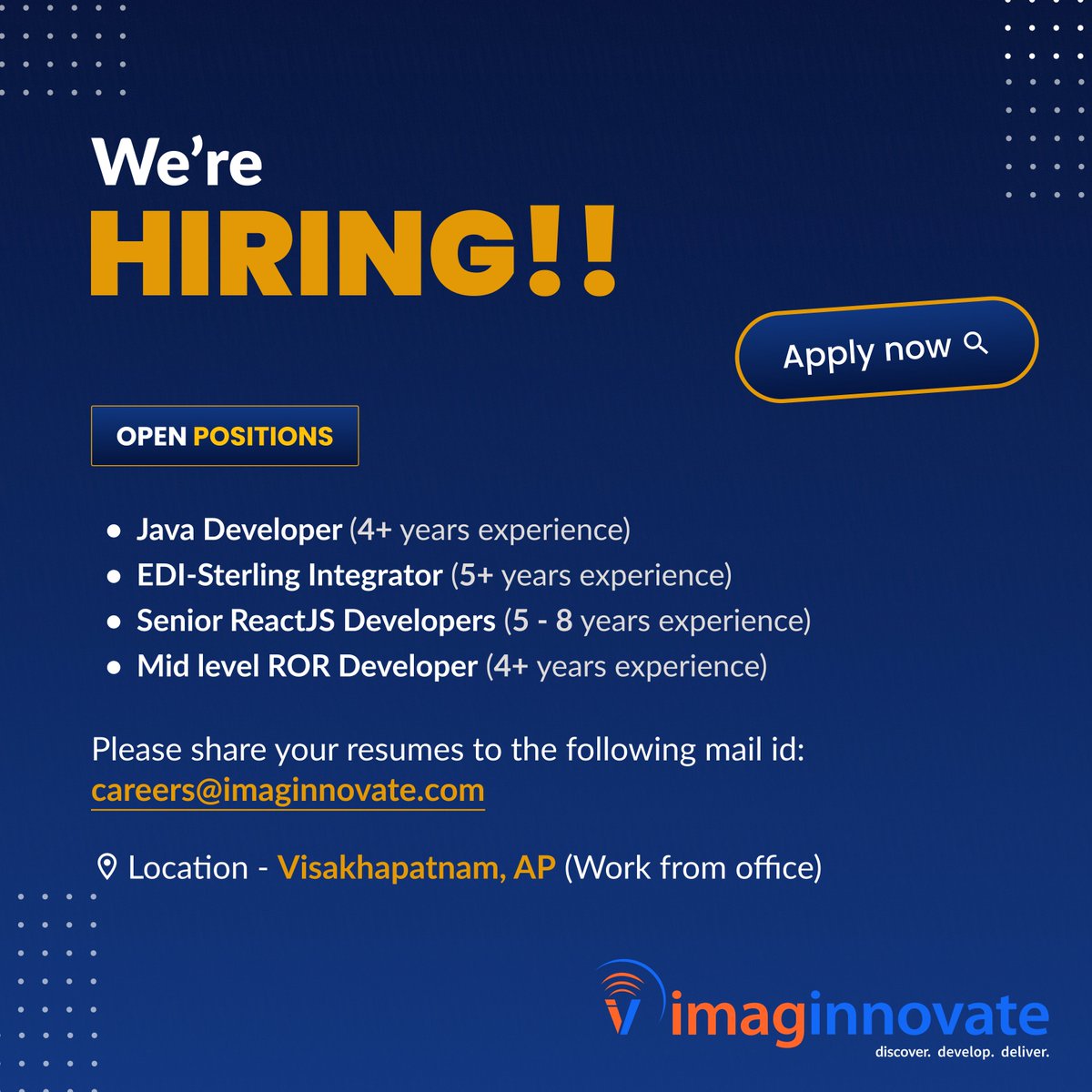 Imaginnovate is hiring for Java developers, EDI-Sterling Integrator, Senior ReactJs developers, Mid Level ROR Develoer
 Note: Hiring is only for Visakhapatnam location
<a href="/DigitalValley_/">ITPark_Vizag_India</a> 
 #hiring #javadevelopers #edisterlingintegrator #reactjsdevelopers #RORdevelopers #imaginnovate