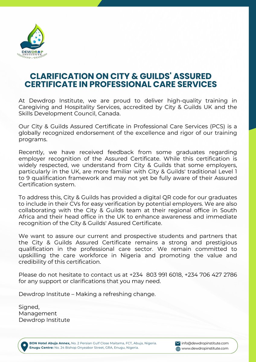 dewdropInst's tweet image. Clarification on City &amp;amp; Guilds' Assured Certificate in Professional Care Services